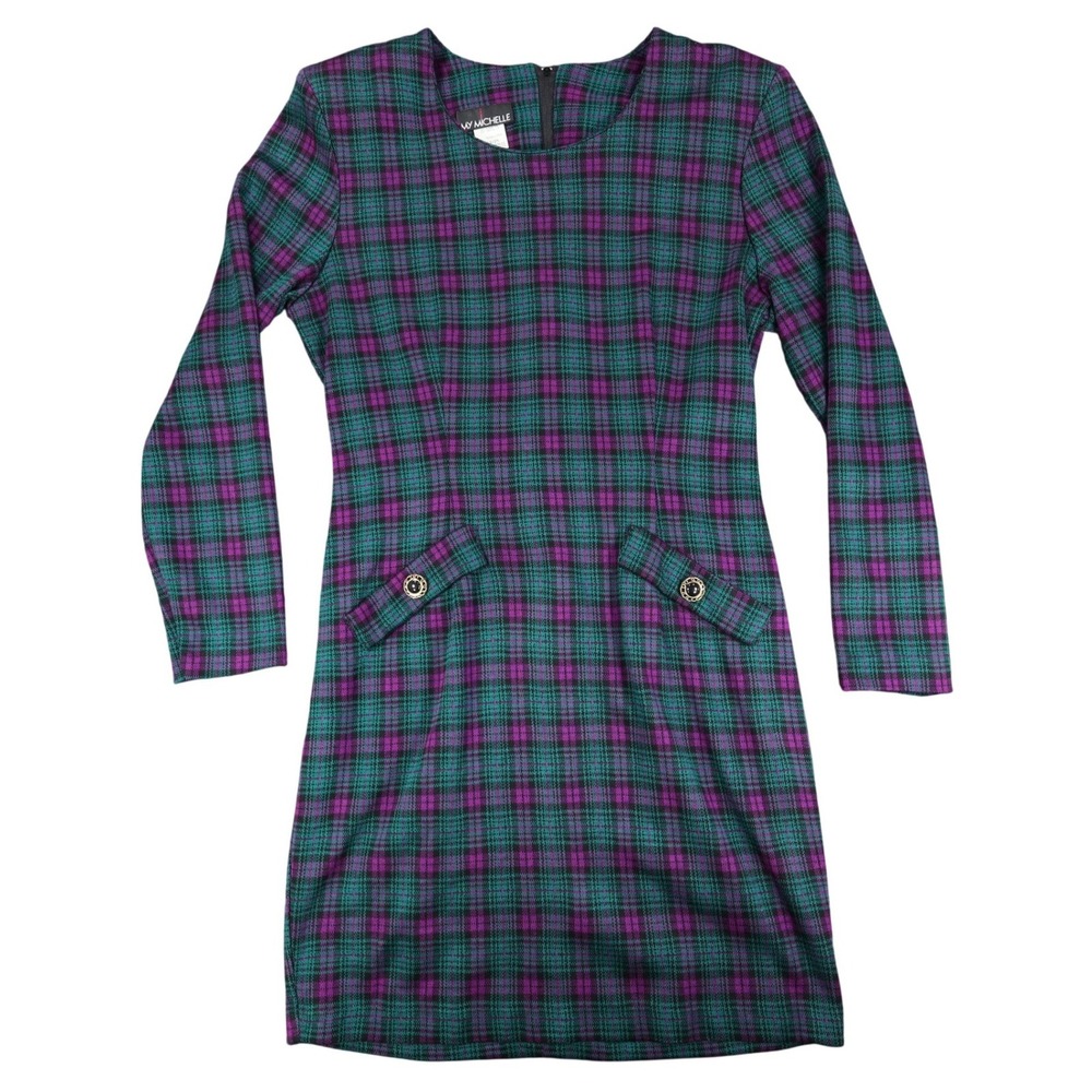 My Michelle Plaid Dress Womens 13/14 Vintage 90s Purple Green Long Sleeve Mini